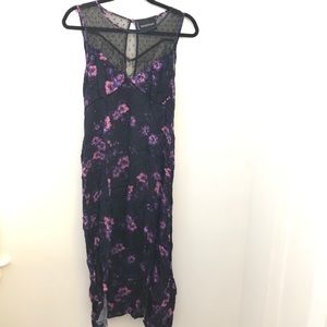 Dark floral midi dress with lace/ mesh neck line